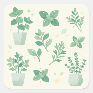 Adesivo Quadrado Cute Pastel Green Potted Herbs and Leaves