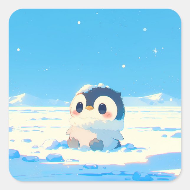 Adesivo Quadrado Cute Penguin Chick in Starry Arctic Landscape (Frente)