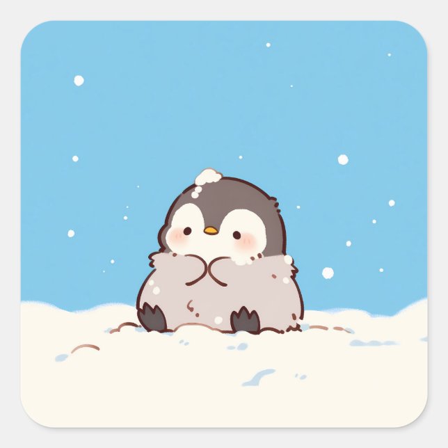 Adesivo Quadrado Cute Penguin Chick in Winter Snow (Frente)