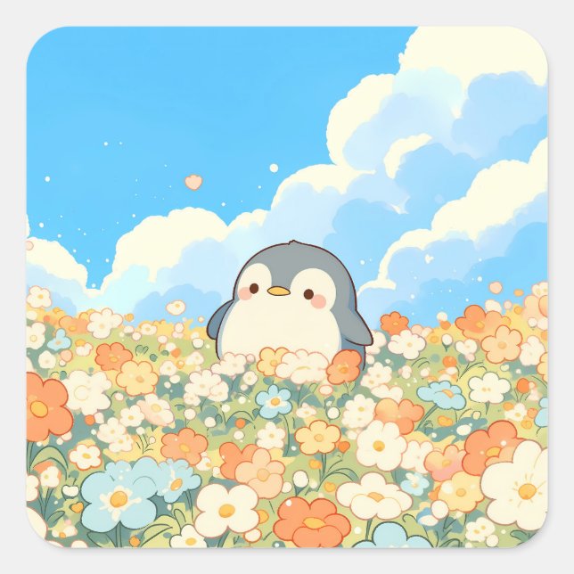 Adesivo Quadrado Cute Penguin in Colorful Wildflower Meadow (Frente)