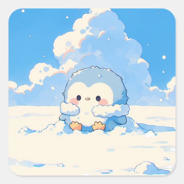Adesivo Quadrado Cute Penguin Playing in Winter Snow (Frente)