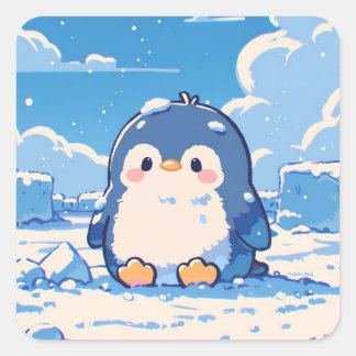 Adesivo Quadrado Cute Penguin Sitting in Winter Snow