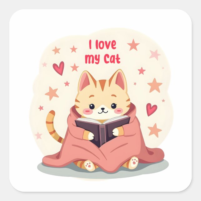 Adesivo Quadrado Cute persian cat Sticker, reading book cat sticker (Frente)