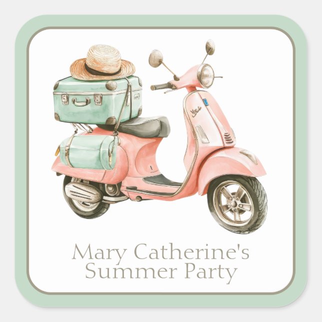 Adesivo Quadrado Cute Pink and Aqua Coastal Scooter (Frente)