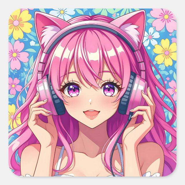 Adesivo Quadrado Cute Pink Anime Girl with Headphones (Frente)