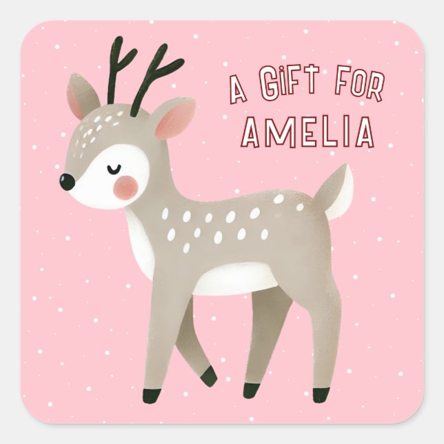 Adesivo Quadrado Cute Pink Reindeer Kid`s Name Christmas Gift (Frente)