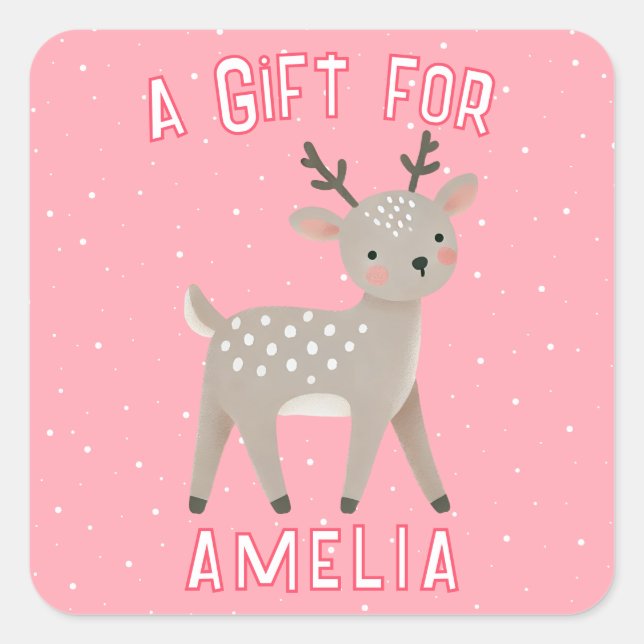Adesivo Quadrado Cute Pink Reindeer Kid`s Name Christmas Gift (Frente)