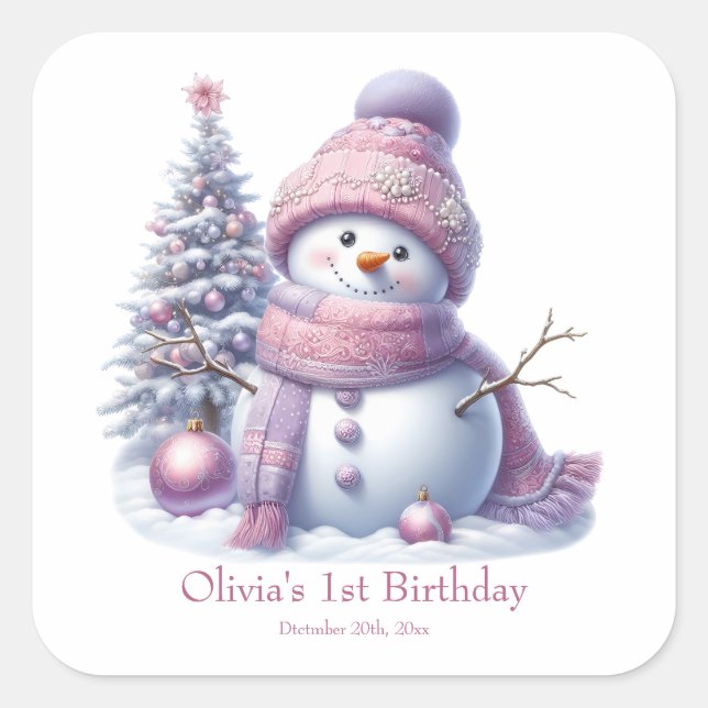 Adesivo Quadrado Cute Pink Snowman Winter Birthday (Frente)