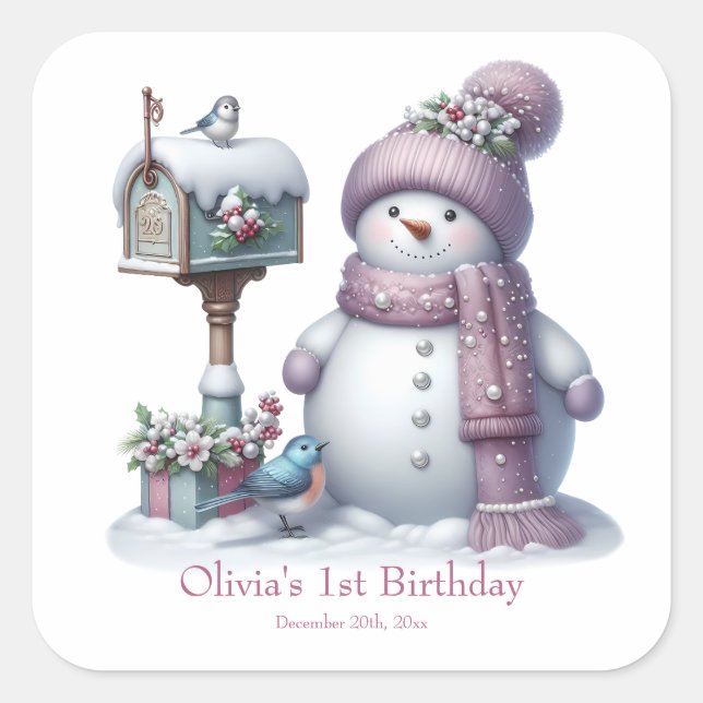 Adesivo Quadrado Cute Pink Snowman Winter Birthday (Frente)