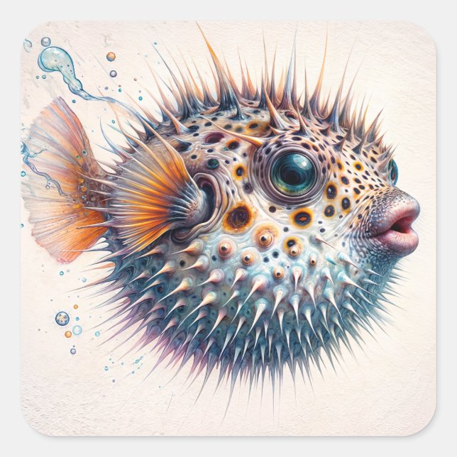 Adesivo Quadrado Cute Pufferfish Sea Life Art (Frente)