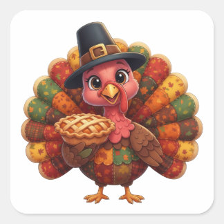 Adesivo Quadrado Cute Quilted Patchwork Turkey | Pilgrim Hat Pie