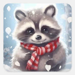 Adesivo Quadrado Cute Raccoon Knited Scarf