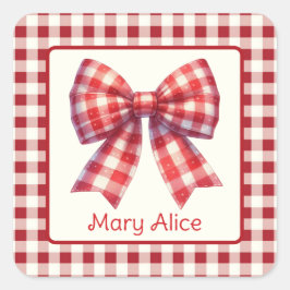 Adesivo Quadrado Cute Red and Cream Gingham Bow