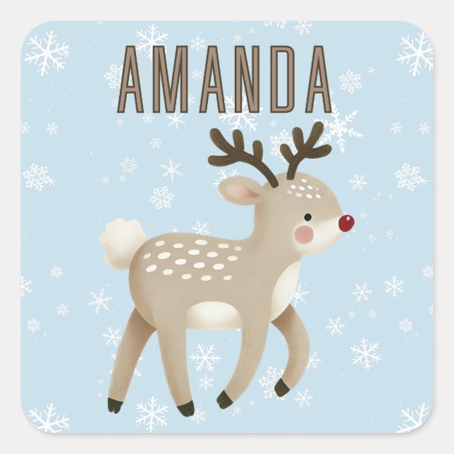 Adesivo Quadrado Cute Reindeer Snowflakes Kids Name Christmas (Frente)