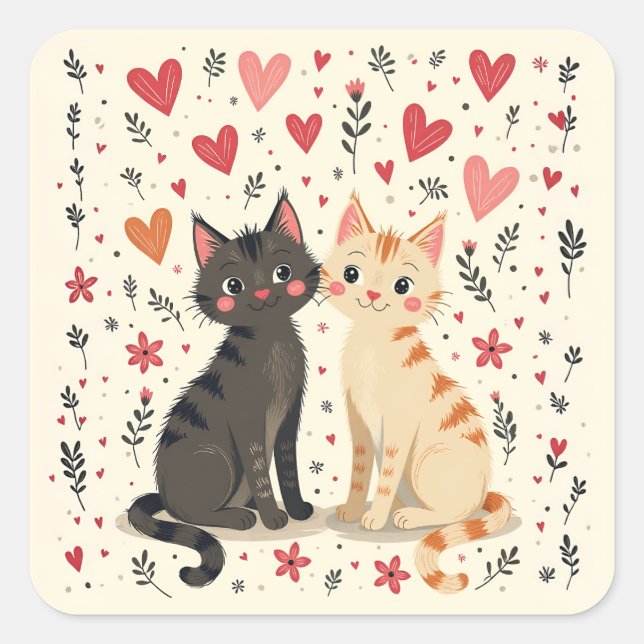 Adesivo Quadrado Cute Retro Valentine Cats (Frente)