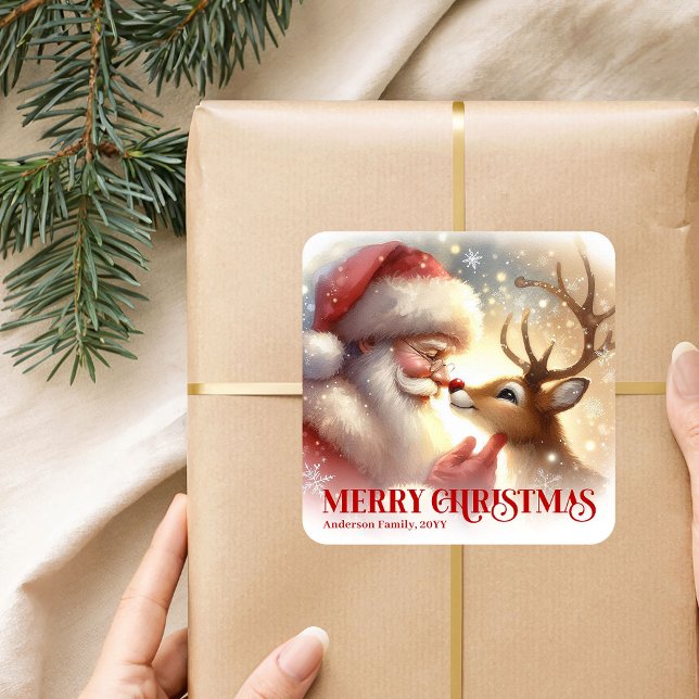 Adesivo Quadrado Cute Santa Claus Rudolph Personalized Holiday Kids (Cute Santa Claus Rudolph Personalized Holiday Kids Gift Sticker

)