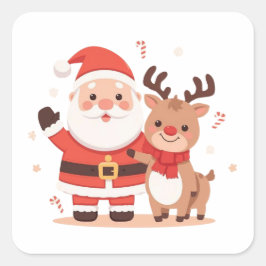 Adesivo Quadrado Cute Santa & Reindeer Christmas Sticker