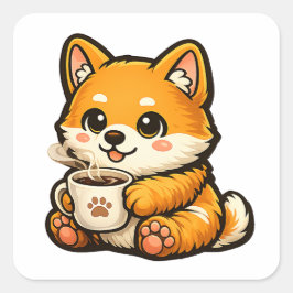 Adesivo Quadrado Cute Shiba Inu with Coffee – Cozy Dog Illustration
