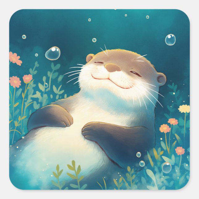 Adesivo Quadrado Cute Sleeping Sea Otter Underwater with Bubbles (Frente)