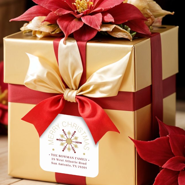 Adesivo Quadrado Cute Sophisticated Gold & Red Snowflake Winter (Cute Sophisticated Faux Golden & Dark Red Snowflake Christmas Winter Square Stickers. )