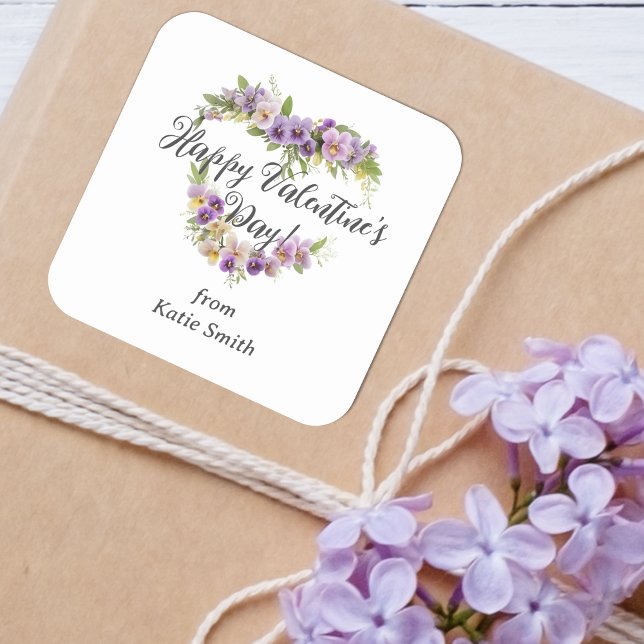 Adesivo Quadrado Cute Splendid Purple Shades Floral Valentine's Day (Cute Splendid Purple Shades Floral Valentine's Day Wreath Heart Square Sticker.)