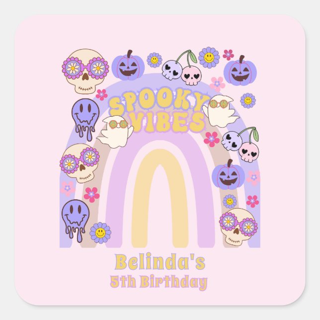Adesivo Quadrado Cute Spooky Vibes Groovy Ghost Halloween Aniversár (Frente)