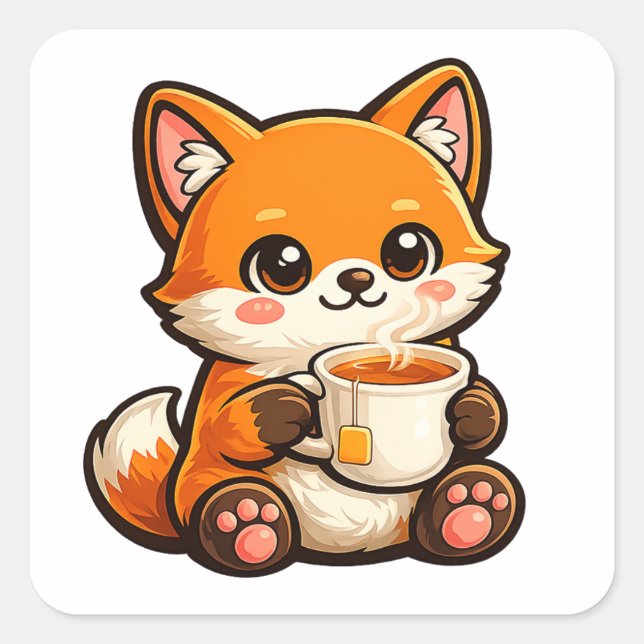 Adesivo Quadrado Cute Tea Fox Illustration – Cozy Fox Drinking Tea (Frente)