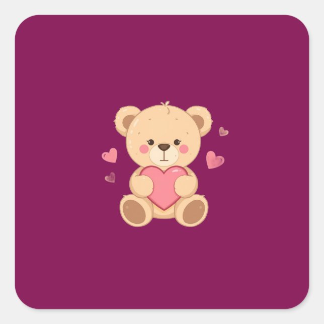 Adesivo Quadrado Cute Teddy Bear Holding Heart – Valentine Love Ill (Frente)