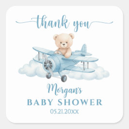 Adesivo Quadrado Cute Teddy Bear Pilot Baby Shower Thank You