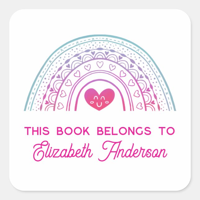 Adesivo Quadrado Cute Trendy Boho Rainbow Kids Bookplate (Frente)