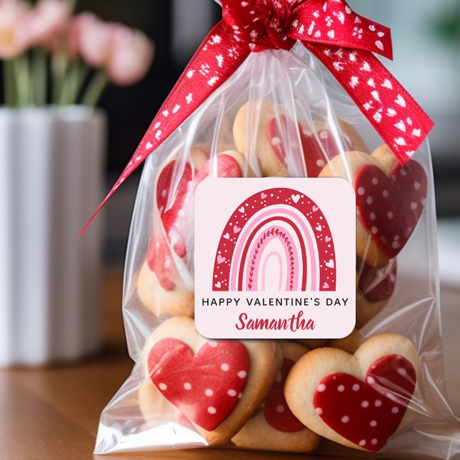 Adesivo Quadrado Cute Valentines Arco-íris Personalizado (Cute Valentines Rainbow Personalized Square Sticker)