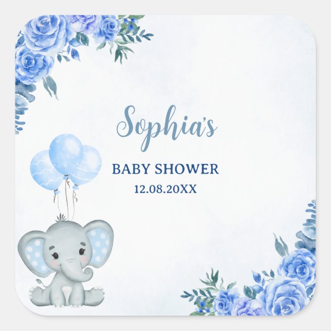 Adesivo Quadrado Cute Watercolor Elephant baby shower Boy (Frente)