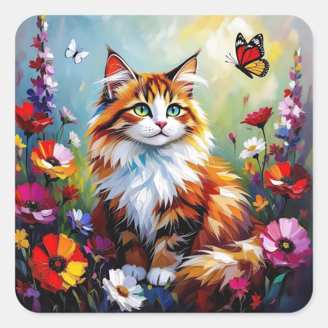 Adesivo Quadrado Cute Whimsical  Cat, Flowers and Butterflies (Frente)