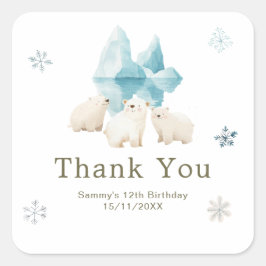 Adesivo Quadrado Cute Winter Polar Bears Birthday Party