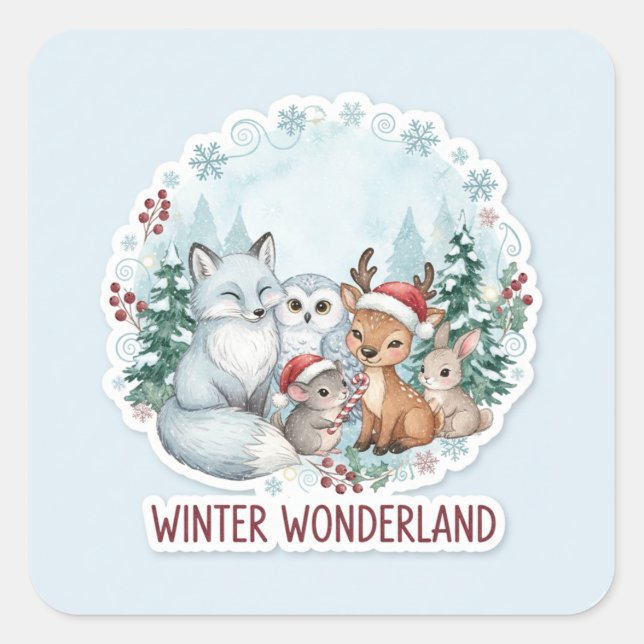 Adesivo Quadrado Cute Winter Woodland Creatures Zazzle Gift  (Frente)
