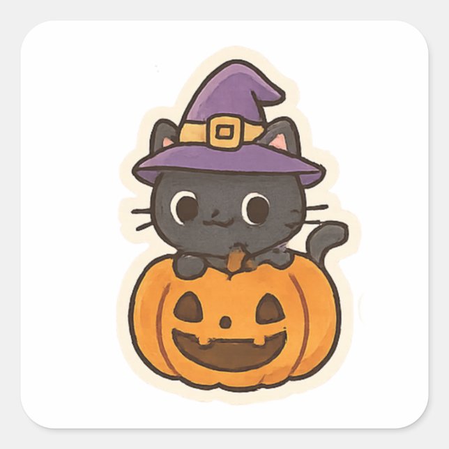 Adesivo Quadrado Cute Witch Cat in PumpkinKawaii Halloween (Frente)