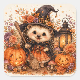Adesivo Quadrado Cute Witch Hedgehog Halloween Broomstick Pumpkins