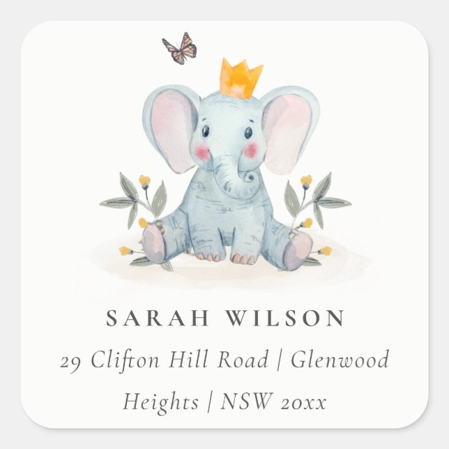 Adesivo Quadrado Cute Woodland Baby Elephant Foliage Endereço (Frente)
