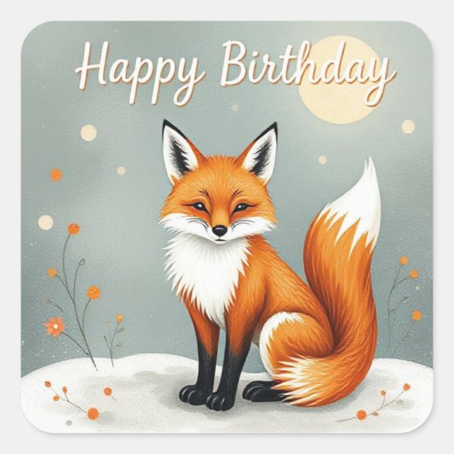 Adesivo Quadrado Cute Woodland Brown Fox Happy Birthday (Frente)