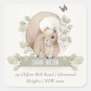 Adesivo Quadrado Cute Woodland Forest Floral Squirrel Address