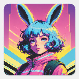 Adesivo Quadrado Cyber Bunny - Garota Kemonomimi Fofa de Retrowave
