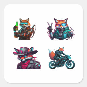 Adesivo Quadrado Cyberpunk Fox Funny 4 Pack Stickers