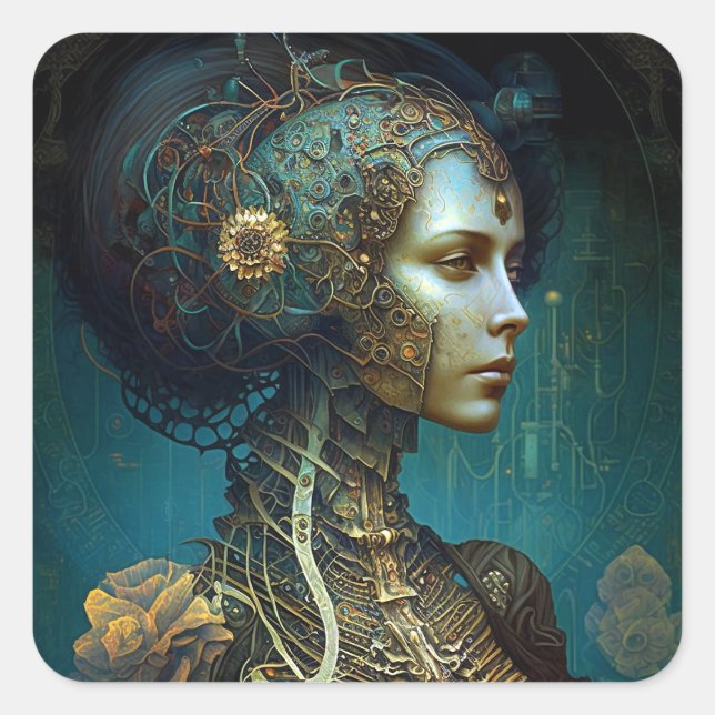 Adesivo Quadrado Cyborg Fantasy Sci-Fi Art (Frente)