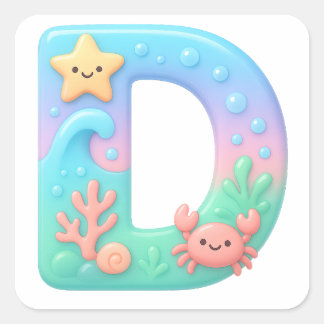 Adesivo Quadrado "D" Cute Bubble Letter - Underwater Sea Creature A