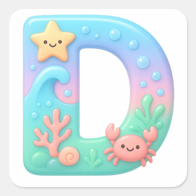 Adesivo Quadrado "D" Cute Bubble Letter - Underwater Sea Creature A (Frente)