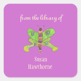Adesivo Quadrado "Da biblioteca de" borboleta bookplates personaliz