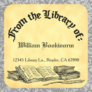 Adesivo Quadrado Da biblioteca do Bookplate do costume do Quill dos