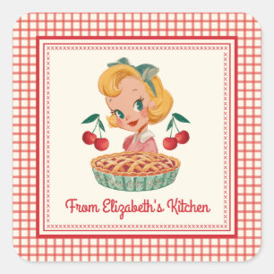Adesivo Quadrado Da cozinha de Gingham Vintage Cereja Vermelha