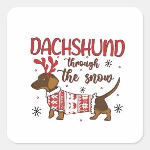 Adesivo Quadrado Dachshund Através da Neve Amante de Cães de Natal