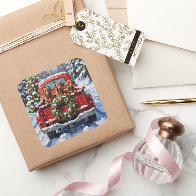 Adesivo Quadrado Dachshund Christmas Red Truck Holiday (Presentear)